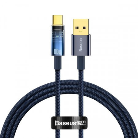 Cablu de date pentru incarcare rapida, din seria Baseus Explorer, oprire automata, USB la tip C, 100 W, 1 m, albastru