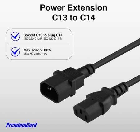 Cablu Prelungitor de Alimentare 230V PremiumCord KPS05, Lungime 0.5m, Conectori IEC 320 C13 Mamă la IEC 320 C14 Tată, Secțiune 3x0.75 mm², Culoare Neagră - Img 3