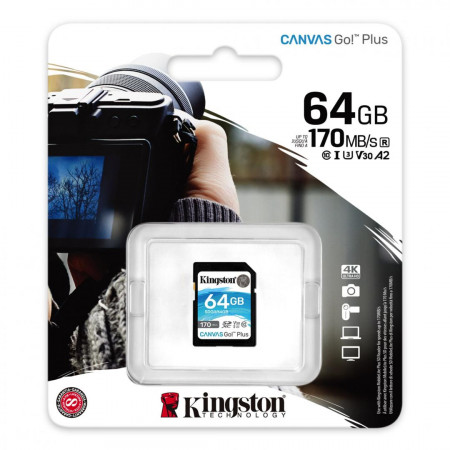 Card de memorie SD Kingston Canvas GO Plus, 64GB, Clasa 10, UHS-I, Adaptor inclus