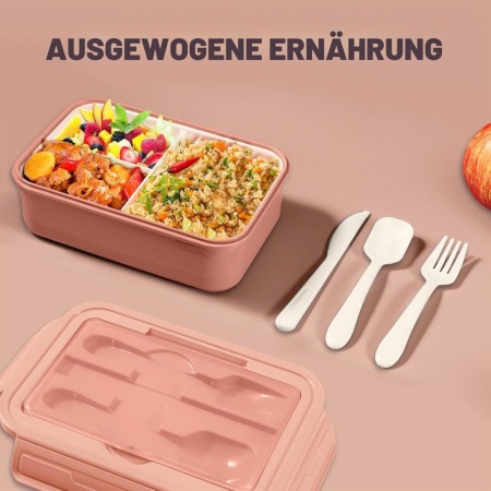 Caserolă Alimentară Bento 1400 ml, 3 Compartimente Detașabile, Set Tacâmuri Inclus, Etanșare Antiscurgere, Compatibilă cu Microunde și Mașina de Spălat Vase, Roz - Img 3