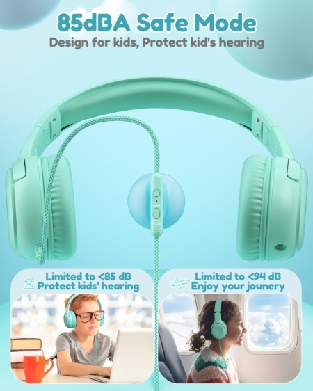 Căști Audio cu Fir pentru Copii awatrue AT2, On-Ear, cu Microfon, Limitare Volum 85/94 dB, Jack 3.5 mm cu Port de Partajare (ShareJack), Negru / Albastru - Img 6