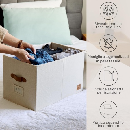 Cutie Depozitare Premium cu Capac XL Bej, Organizator Haine și Lenjerii din Țesătură de In, Mânere din Piele Ecologică, Structură Ranforsată cu Lemn, Fereastră Etichetă, 50 x 33 x 32 cm - Img 5