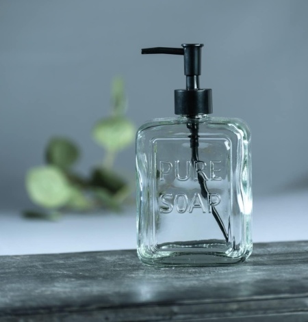 Dozator Reîncărcabil de Săpun Lichid din Sticlă Masivă 550 ml, Formă Cubică cu Muchii Verticale, Pompă Neagră Mată, Inscripție Pure Soap, pentru Baie și Bucătărie - Img 4