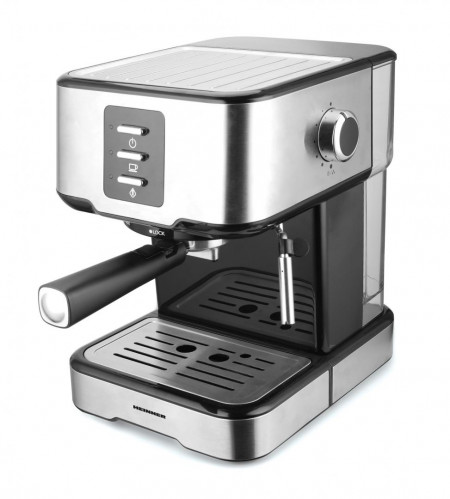 Espressor manual Heinner Brassile HEM-850IXBK, 850W, 15bar, rezervor detasabil 1.5L, filtru dublu din inox, Negru/Inox