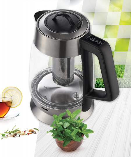 Fierbator cu filtru de ceai Heinner HEK-TF18GX, 1.8 L, 5 setari temperatura, iluminare colorata, control touch, element inox, oprire automata, Inox/Sticla - Img 4