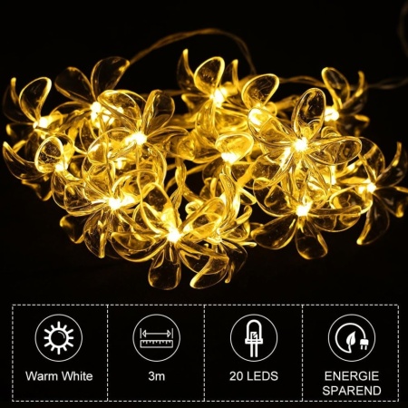 Ghirlandă Luminoasă LED Flori de Cireș (Cherry Blossom) 3 m, 20 LED-uri Lumină Caldă, Alimentare cu Baterii 3x AA, Fir Flexibil din Cupru, 2 Moduri de Iluminare (Continuu / Intermitent), Rezistentă la Apă, Decor Interior și Exterior - Img 3