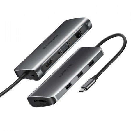 Hub Ugreen 10in1 multifunctional USB-C HUB - 3x USB 3.0 / HDMI / VGA / RJ45 Gigabit / SD TF card reader / AUX3.5mm / Power Delivery 100W gray (CM179 80133)
