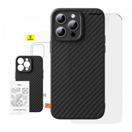 Husa Baseus Synthetic Fiber iPhone 15 Pro + sticla securizata