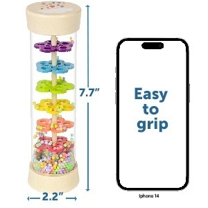 Jucarie senzoriala muzicala Montessori tip Rainmaker / Rain Stick, din lemn, zornaitoare sunet de ploaie, pentru bebelusi si copii mici 6-12 luni+, 19.5 cm (7.7 inch), Multicolor - Img 4