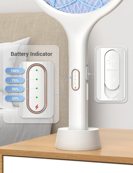 Paletă electrică anti-insecte și țânțari 4000V, mod dublu de funcționare (manual și lampă UV), reîncărcabilă USB, plasă de protecție pe 3 straturi, Alb - Img 4