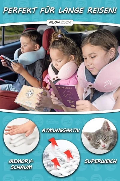 Perna de calatorie pentru copii FLOWZOOM Comfy, spuma cu memorie, husa moale detasabila si lavabila, pentru masina si avion, varsta 6+ ani, marimea M, Albastru - Img 3