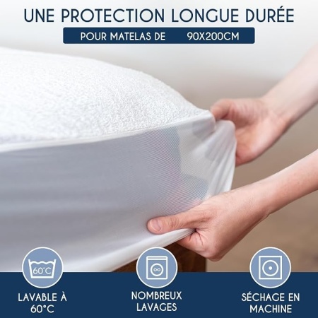 Protecție saltea impermeabilă Dreamzie, 90 x 200 cm, suprafață din bumbac moale, membrană poliuretan respirabilă, barieră antiacarieni, cu elastic de jur împrejur, Alb - Img 4