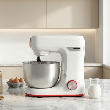 Robot de bucatarie Heinner HPM-1000WH, 1000W, miscare planetara, accesoriu masina de tocat si blender, bol 5.5 L, 10 viteze + pulse, Alb - Img 7