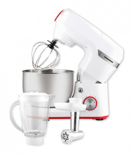 Robot de bucatarie Heinner HPM-1000WH, 1000W, miscare planetara, accesoriu masina de tocat si blender, bol 5.5 L, 10 viteze + pulse, Alb