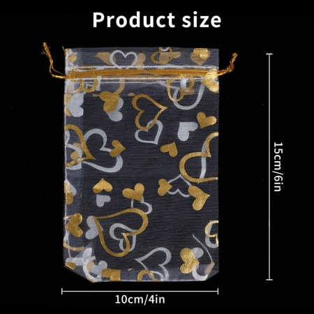 Set 100 Săculeți din Organza Transparentă cu Inimioare Aurii, Șnur Textil, 10 x 15 cm (4x6 Inch), pentru Mărturii Nuntă, Botez, Bijuterii, Cadouri și Cosmetice - Img 5