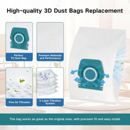 Set 12 Saci de Praf Tip TU 3D Compatibili Miele Guard L1 și S1 + 4 Filtre Evacuare AirClean, Capacitate 4.5L, Filtrare Avansată în 5 Straturi, Albastru/Verde - Img 6