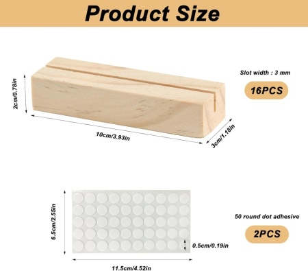 Set 16 Suporturi din Lemn pentru Carduri și Poze, Stand Mini din Lemn de Pin 10 x 3 x 2 cm, Fantă 3 mm, cu 2 Coli Autocolante, pentru Meniuri, Numere de Masă, Cărți de Vizită, Nunți și Petreceri - Img 6