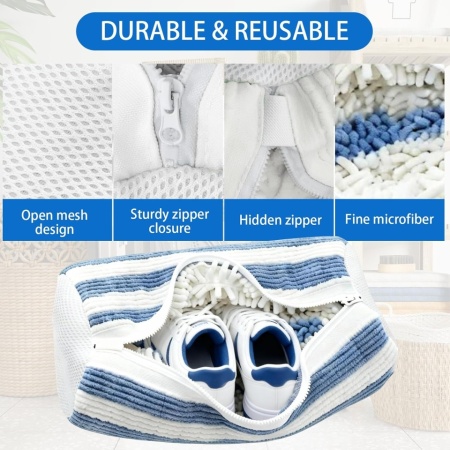 Set 2 Saci de Spălare pentru Încălțăminte și Papuci în Mașina de Spălat, Plasă 360°, Fermoar, Alb și Albastru, 39x19x19 cm - Img 6