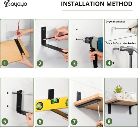 Set 2 Suporturi Metalice pentru Polițe SAYAYO Heavy Duty, Fier Masiv Grosime 5 mm, Profil L 300 x 150 mm, Încărcare până la 50 kg, Vopsire Negru Mat, Kit Complet de Montaj Inclus - Img 6