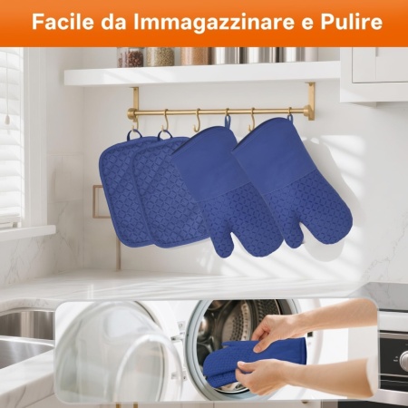 Set 4 Piese Mănuși de Bucătărie și Suporturi pentru Oale, Rezistente la Temperaturi Înalte (Până la 300°C / 572°F), Lungime Extinsă 32 cm, Silicon Anti-Alunecare, Albastru - Img 5