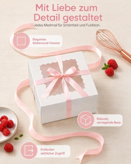 Set 5 Cutii pentru Tort cu Fereastră și 5 Baze Rotunde Cartonate de 25x25 cm, Albe - Img 4