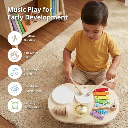 Set Muzical Complet de Tobe și Instrumente din Lemn pentru Copii 1-3 Ani Typec Home, Centru de Activități Sonore Montessori cu Xilofon, 2 Tobe, Chimval din Alamă, Clopoței de Vânt și Zornăitoare - Img 2