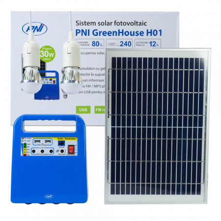 Sistem solar fotovoltaic PNI GreenHouse H01 30W cu acumulator 12V/7Ah, USB/Radio/MP3, 2 becuri LED