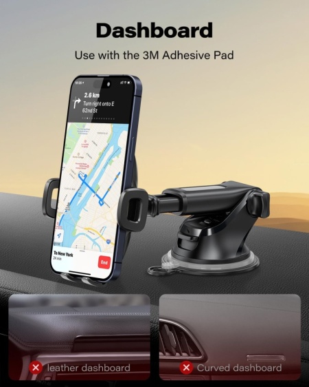 Suport Auto pentru Telefon APPS2Car, Fixare cu Ventuză Gel și Pad Adeziv 3M pe Parbriz sau Bord, Braț Telescopic Reglabil, Rotație 360°, Buton Quick-Release, Compatibil 4.7 - 6.8 Inch, Negru - Img 3