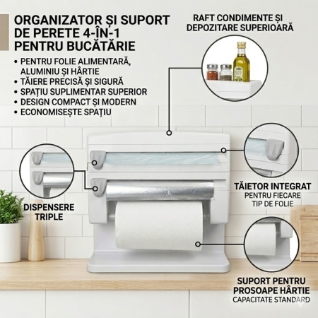 Suport de perete 4-în-1 pentru bucătărie – pentru folie alimentară, folie de aluminiu și prosop de hârtie, Alb - Img 2