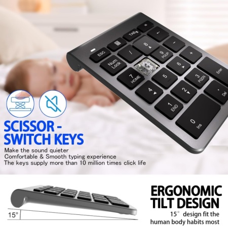 Tastatură Numerică Wireless Bluetooth cu 22 de Taste, Numpad Portabil Slim cu Conexiune Bluetooth 5.0, Taste Silențioase de Tip Foarfecă, Compatibilă Laptop, MacBook, Windows, macOS, Android și iOS - Img 4