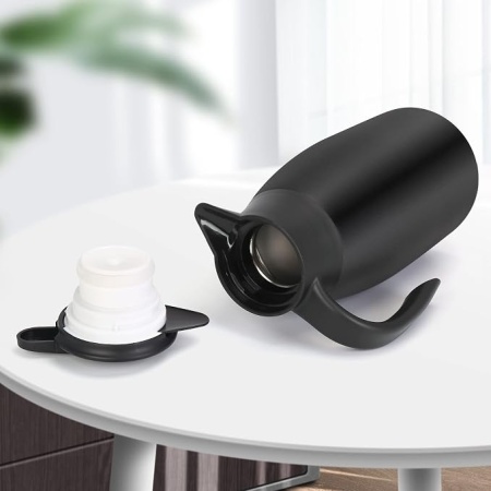 Termos cana termica pentru cafea si ceai, 2 Litri (70 oz), din inox alimentar cu pereti dubli vidati, cana izoterma mentinere cald/rece, capac cu buton de turnare, Argintiu/Negru - Img 4