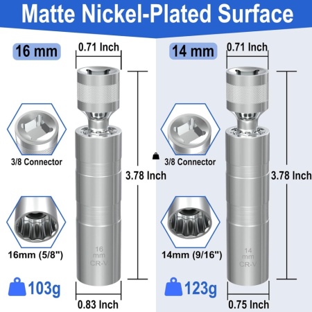 Trusă Chei Magnetice pentru Bujii 14 mm și 16 mm (9/16" și 5/8") cu Articulație Cardanică Rotativă 360°, Tubulare cu Pereți Subțiri din Oțel Crom-Vanadiu cu Profil în 12 Colțuri, Compatibile BMW, MINI, Nissan, Antrenare 3/8 Inch - Img 9