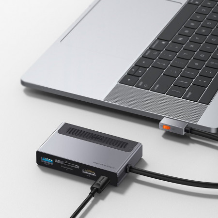Adaptor HUB Baseus 6in1 multifunctional with power switch USB Type C - USB Type C Power Delivery 100 W / HDMI 4K 60 Hz / SD and microSD memory card reader / USB 3.2 Gen 1 / 3,5 mm mini jack gray (CAHUB-DA0G) - Img 2