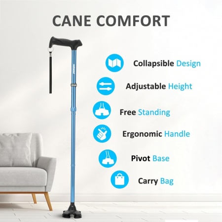 Baston Pliabil și Reglabil pentru Adulți și Seniori Rehand, Bază Pivotantă Autoportantă în 4 Puncte (Freestanding), Mâner Ergonomic Moale din TPR, Tijă Ușoară din Aluminiu cu 8 Trepte de Înălțime (78–96 cm), Husă de Transport Inclusă, Albastru - Img 8