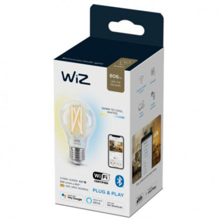 Bec LED inteligent vintage (decorativ) WiZ Connected Filament Whites, Wi-Fi, A60, E27, 6.7W (60W), 806 lm, temperatura lumina reglabila (2700K-6500K), compatibil Google Assistant/Alexa/Siri