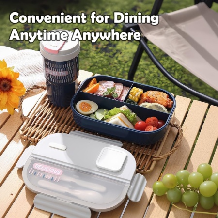 Casetă de Prânz tip Bento cu 3 Compartimente Echehi 1100 ml, Recipient pentru Prepararea Maselor cu Lingură și Furculiță Incluse, Compatibilă cu Cuptorul cu Microunde, pentru Adulți și Copii, Școală și Birou - Img 2