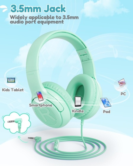 Căști Audio cu Fir pentru Copii awatrue AT2, On-Ear, cu Microfon, Limitare Volum 85/94 dB, Jack 3.5 mm cu Port de Partajare (ShareJack), Negru / Albastru - Img 3