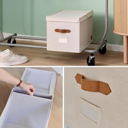 Cutie Depozitare Premium cu Capac XL Bej, Organizator Haine și Lenjerii din Țesătură de In, Mânere din Piele Ecologică, Structură Ranforsată cu Lemn, Fereastră Etichetă, 50 x 33 x 32 cm - Img 3