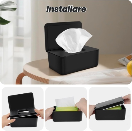 Cutie Dozator pentru Șervețele Umede cu Capac, Recipient Reîncărcabil Antipraf și Etanș, Picioare Antiderapante, pentru Baie, Birou și Mașină, 18.5 x 12 x 7.3 cm, Negru - Img 2