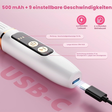 Freza Electrică Profesională Unghii Wireless 35.000 RPM, Set Manichiură/Pedichiură 12-în-1, 9 Trepte de Viteză, Ecran LCD, Acumulator Reîncărcabil, Alb - Img 6