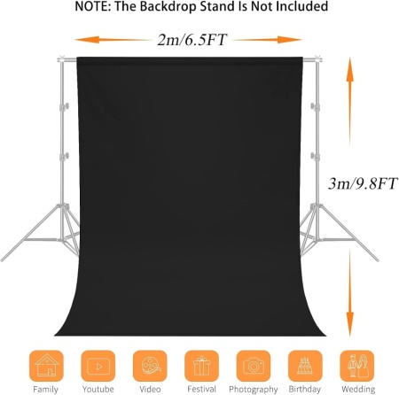 Fundal Foto Negru 2 x 3 Metri din material textil, Set Complet cu 4 Cleme cu Arc și 4 Clipsuri Anti-Șifonare pentru Portrete, Studio și Streaming - Img 6