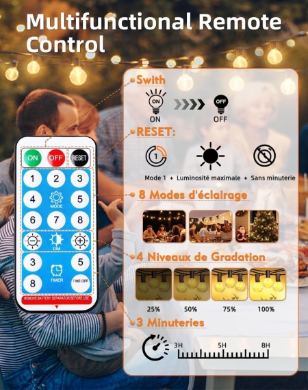 Ghirlandă Solară Luminoasă de Exterior 10 m cu 15+1 Becuri LED G40, 8 Moduri Iluminare, Telecomandă, Încărcare Dublă Solar și USB, Baterie 1800 mAh, Impermeabilă IP44, Lumină Caldă 2700K, pentru Grădină, Terasă și Foișor - Img 2