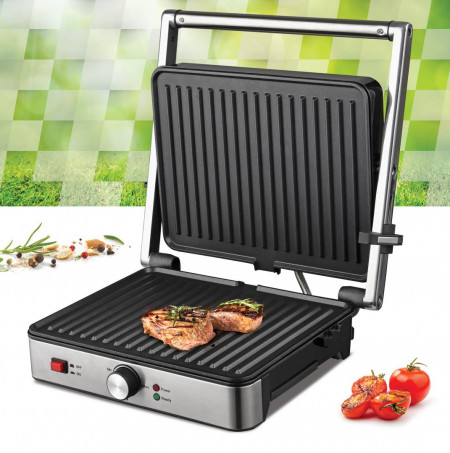 Grill electric Heinner SunsetGrill HEG-K2000SS, 2000W, Placi fixe cu invelis antiaderent, Dimensiuni placi: 30 X 24.9 cm, Temperatura reglabila, Maner rece, Deschidere 180˚, Indicatoare luminoase „ON” și „gata de folosire”, Tava colectare ulei - Img 4