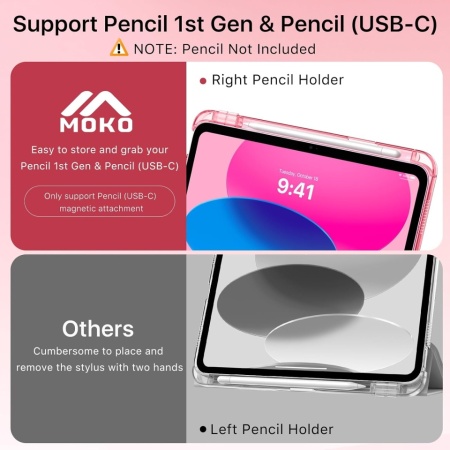 Husă de Protecție MoKo cu Stand pentru iPad 11 Gen (2025 / A16) și iPad 10 Gen (10.9" 2022), Roz (Watermelon Pink), Piele PU, Spate Translucid, Funcție Auto Sleep/Wake și Suport Stylus - Img 4