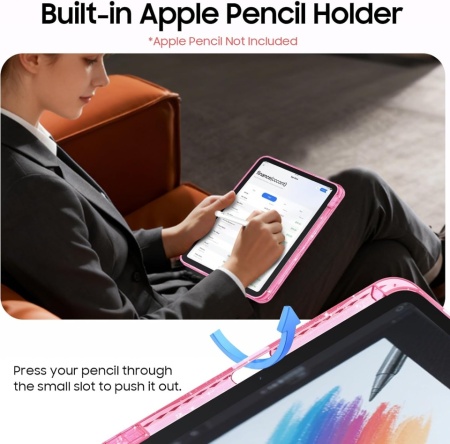 Husă Rotativă 360° Fintie pentru iPad 11 Gen (A16, 11") și iPad 10 Gen (10.9"), Suport Apple Pencil, Funcție Auto Sleep/Wake, Spate Hibrid PC+TPU, Roz cu Sclipici (Glittering Pink) - Img 6