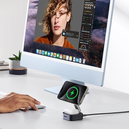 Incarcator inductiv Ugreen W702 3in1 cu MagSafe / Qi2 si port USB-C pentru telefon / casti - negru - Img 7