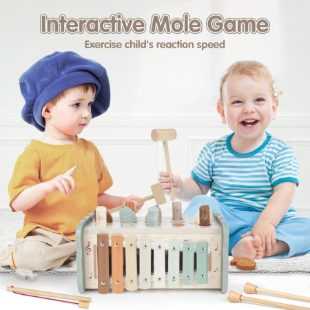 Jucărie Educativă Montessori 4 în 1 din Lemn DINORUN pentru Copii 1–3 Ani, Joc Lovit Cârtițe (Mole Catcher), Pescuit Magnetic, Xilofon Muzical și Rotițe Dințate, Vopsea pe Bază de Apă, Multicolor - Img 7