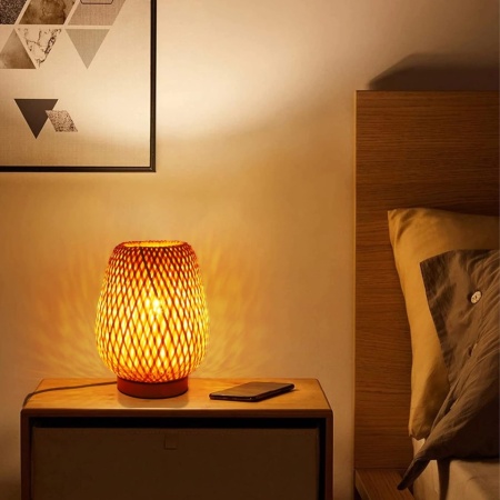 Lampă de Masă Small Boho din Bambus Împletit Manual, Bază din Lemn, Soclu E27, Veioză Decorativă pentru Dormitor și Living, 25 cm - Img 2