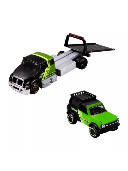 MAISTO DESIGN ELITE TRANSPORT SET CAMION CU RAMPA INTERNATIONAL DURASTAR FLATBED SI MASINUTA FORD BRONCO WILDTRAK 2021 SCARA 1 LA 64 - Img 3
