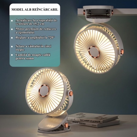 Mini Ventilator Typec Home Portabil cu Clemă și Lumină LED, Reîncărcabil USB, 5 Trepte de Viteză, Rotație 360°, pentru Birou, Casă și Noptieră, Alb - Img 4